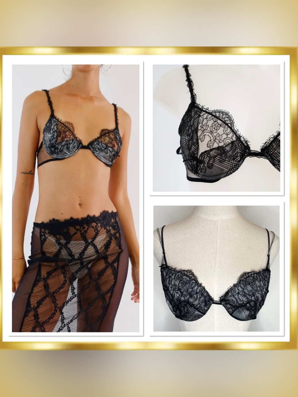 La Perla Black Label Castle Garden Plaid Leavers Lace Houndstooth Bra 34C Rare